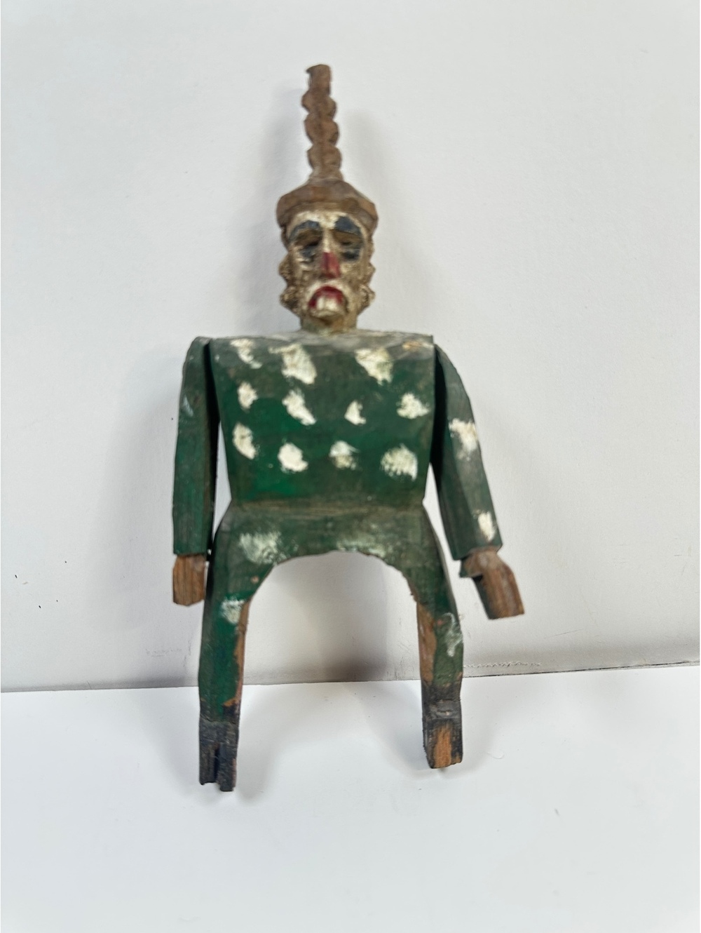 Vintage Folk Art Clown Figure Hand Carved Wooden Articulating Rustic Primitive